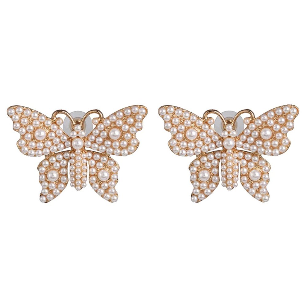Gold White Pearl Large Butterfly Retro Earrings